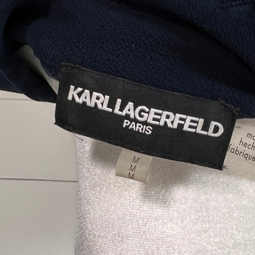 Karl Lagerfeld Eyelet Embellished Navy Blue Midi Sheath Dress Size M - Picture 11 of 12